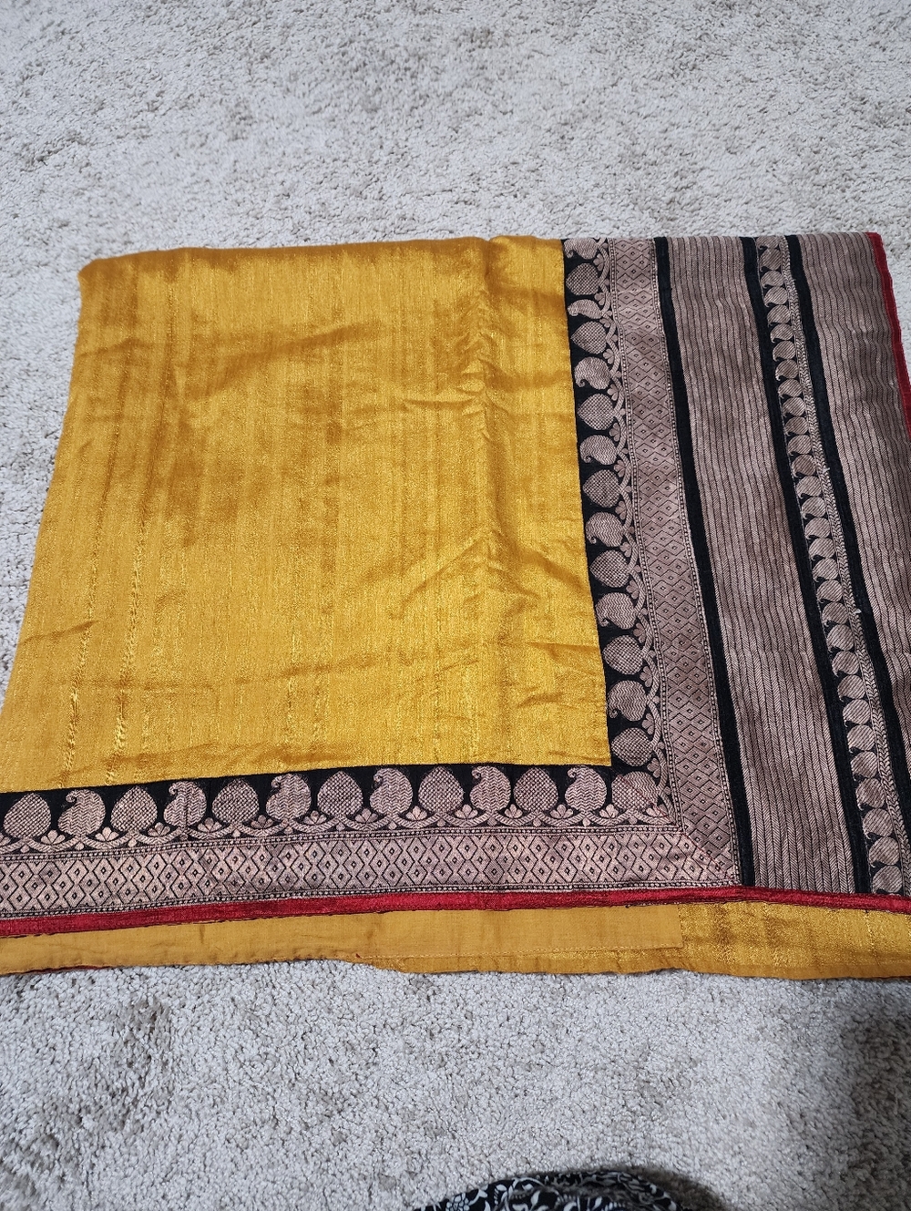 Golden Yellow Silk Saree with Black and Rose-Gold Embroided Border